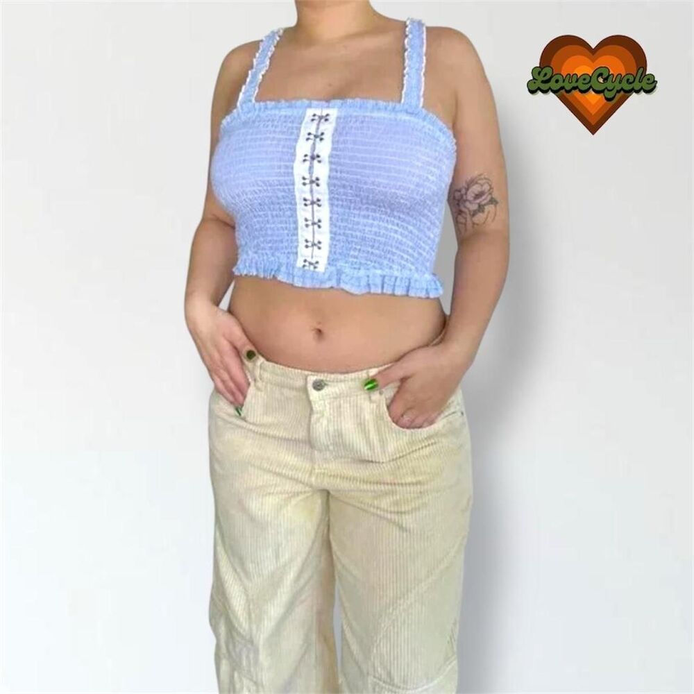 Women's True Img Blue & White Striped Ruffle Cami Crop Top